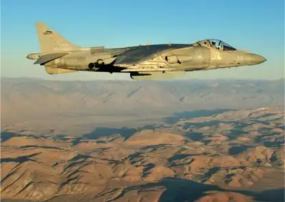 An AV-8B Harrier over Naval Air Warfare Center Weapons Division, China Lake. (U.S. Navy photo/Released)